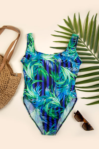 Cooltan Tan Though blue and green foliage swimsuit